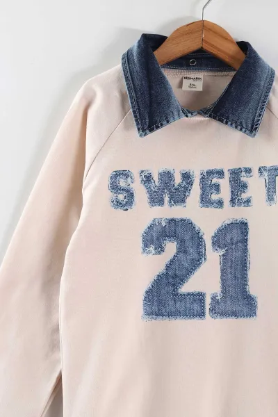 Taş (1-9 Yaş) Sweet 21 Baskılı Gömlek Yaka Kot Pantolonlu Kız Çocuk 2'li Takım 441592