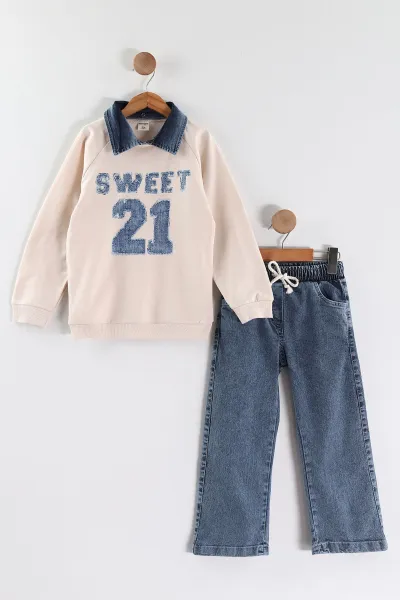 Taş (1-9 Yaş) Sweet 21 Baskılı Gömlek Yaka Kot Pantolonlu Kız Çocuk 2'li Takım 441592