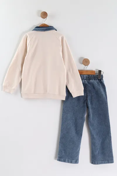 Taş (1-9 Yaş) Sweet 21 Baskılı Gömlek Yaka Kot Pantolonlu Kız Çocuk 2'li Takım 441592