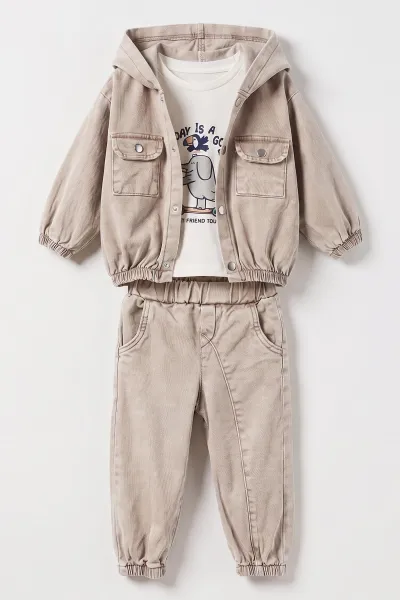 Taş (2-5 Yaş)Kapüşonlu Çıtçıt Düğmeli Gabardin Ceket Pantolonlu Erkek Çocuk 3'lü Takım 477977