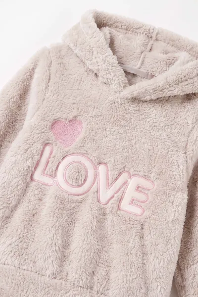 Taş (2-7 Yaş) Love Nakışlı Kapüşonlu Peluş Kız Çocuk Kışlık Takım 483212