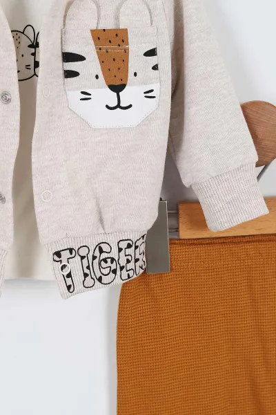 Taş (3-12 Ay) Tiger Baskılı Kapüşonlu İnterlok Erkek Bebek 3'lü Takım 335777