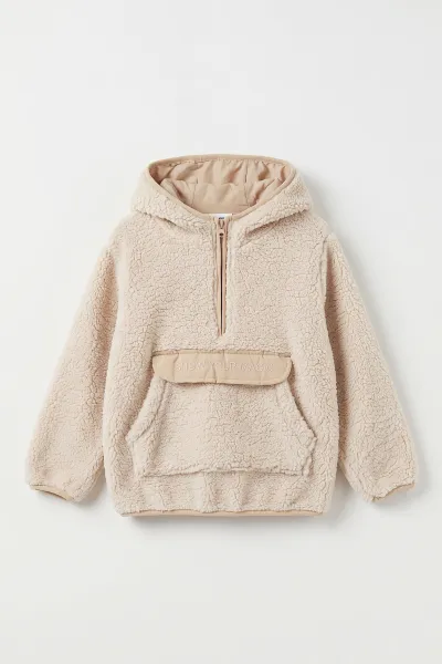 Taş (1-8 Yaş) Nakışlı Kapüşonlu Kanguru Cepli Yarım Fermuarlı Kuzu Kız &Bebek Çocuk Sweatshirt 496334
