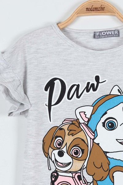 Taş (4-8 Yaş) Paw Köpek Baskılı Şortlu Kol Fırfırlı Kız Çocuk Takım 183551