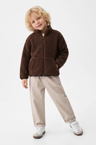 Taş (4-8 Yaş)Fermuarlı Kuzu Polarlı Gabardin Pantolonlu Erkek Çocuk Takım 492565