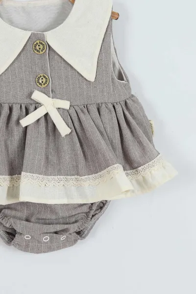 Taş (6-24 Ay)Üçgen Yaka Fiyonklu Kız Bebek Romper Elbise 280598