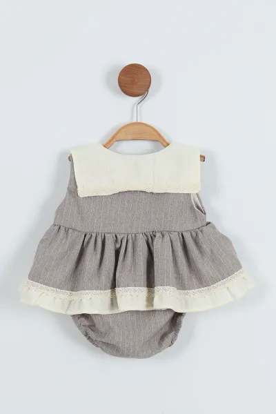 Taş (6-24 Ay)Üçgen Yaka Fiyonklu Kız Bebek Romper Elbise 280598