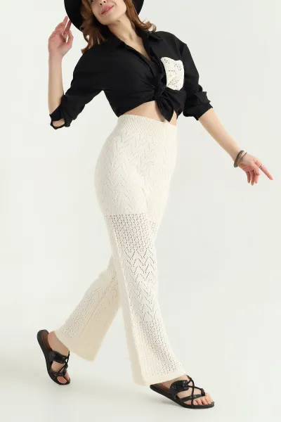 Taş Ajurlu Beli Lastikli Triko Kadın Pantolon 341603