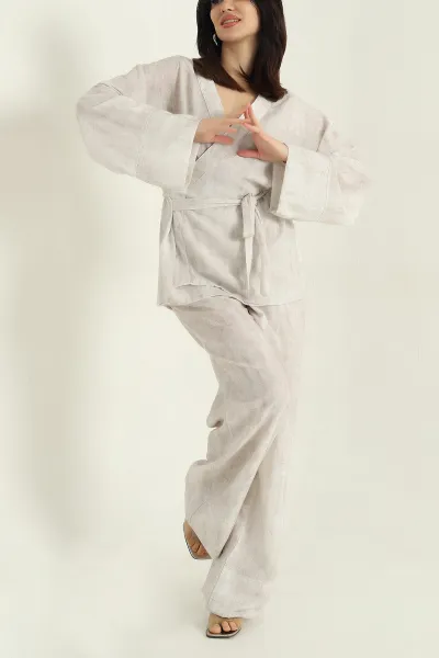 Taş Batik Pantolon Bluz Keten İkili Takım 354369