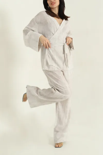 Taş Batik Pantolon Bluz Keten İkili Takım 354369