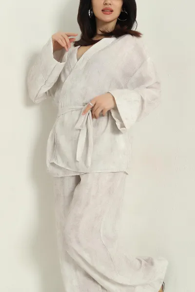 Taş Batik Pantolon Bluz Keten İkili Takım 354369