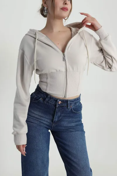 Taş Beli Korseli Şardonsuz Üç İp Kadın Fermuarlı Sweat 486167