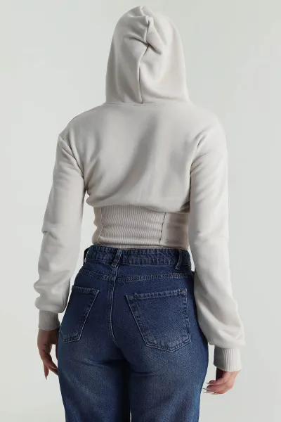 Taş Beli Korseli Şardonsuz Üç İp Kadın Fermuarlı Sweat 486167