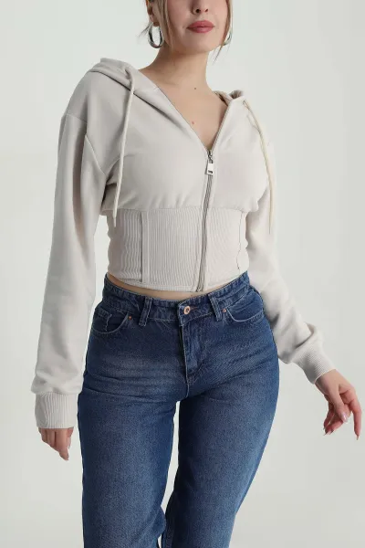 Taş Beli Korseli Şardonsuz Üç İp Kadın Fermuarlı Sweat 486167