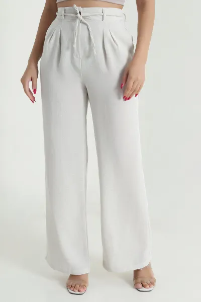 Taş Beli Lastikli İpli Keten Kadın Pantolon 477862