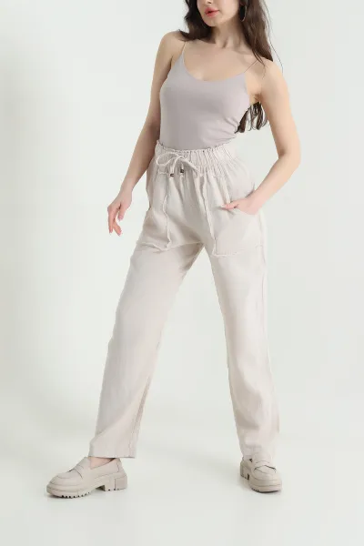 Taş Beli Lastikli Müslin Keten Kadın Pantolon 451558