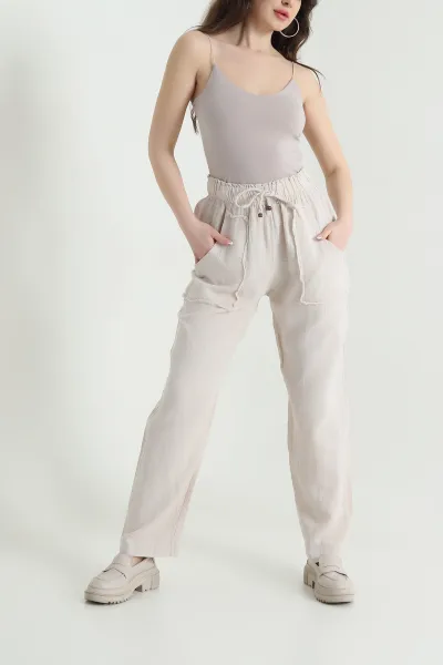 Taş Beli Lastikli Müslin Keten Kadın Pantolon 451558