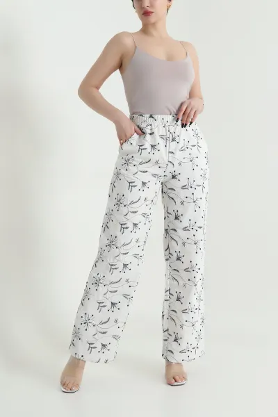 Taş Beli Lastikli Nakışlı Palazzo Keten Kadın Pantolon 451307