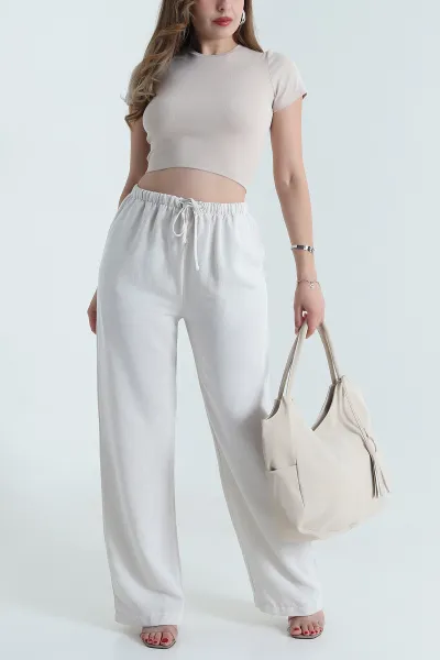 Taş Beli Lastikli Palazzo Kadın Keten Pantolon 478622