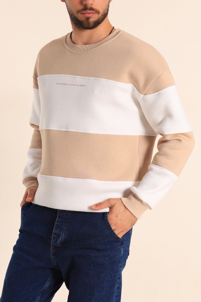 Taş Beyaz Oversize Üç İp Şardonlu Kabartma Yazılı Erkek Sweatshirt 222559