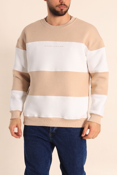 Taş Beyaz Oversize Üç İp Şardonlu Kabartma Yazılı Erkek Sweatshirt 222559