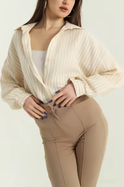 Taş Çizgili Oversize Bayan Keten Gömlek 336979