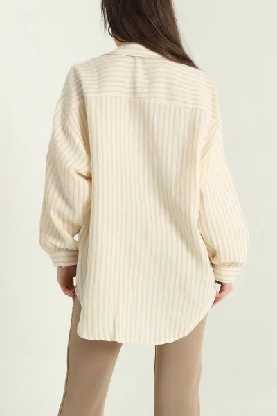 Taş Çizgili Oversize Bayan Keten Gömlek 336979
