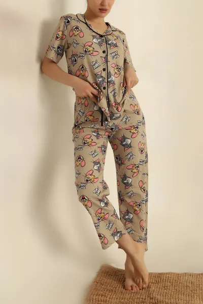 Taş Düğmeli Desenli Bayan Pijama Takımı 258534