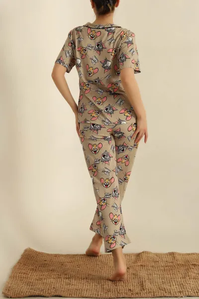 Taş Düğmeli Desenli Bayan Pijama Takımı 258534