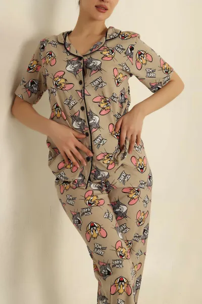 Taş Düğmeli Desenli Bayan Pijama Takımı 258534