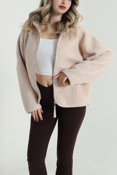 Taş Fermuarlı Kapşonlu Teddy Kadın Sweat 482463