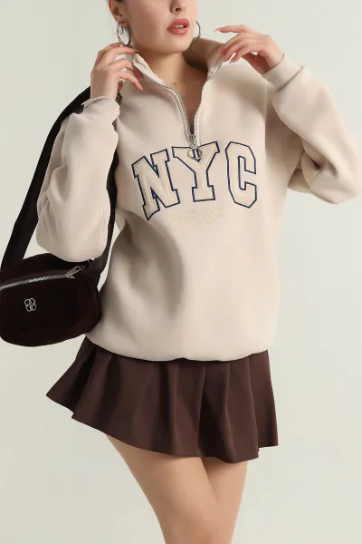Taş Fermuarlı Nakışlı Şardonlu Kadın Sweat 404975