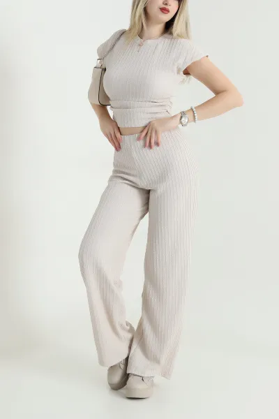 Taş Fırfırlı Kumaş Pantolon Bluz Kadın İkili Takım 466526