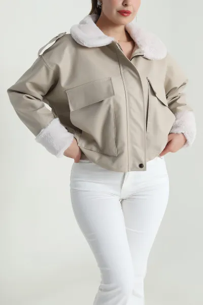 Taş İçi Kürklü Komple Deri Kadın Mont 488813