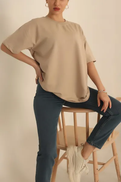Taş İki İp Oversize Bayan Tişört 234383