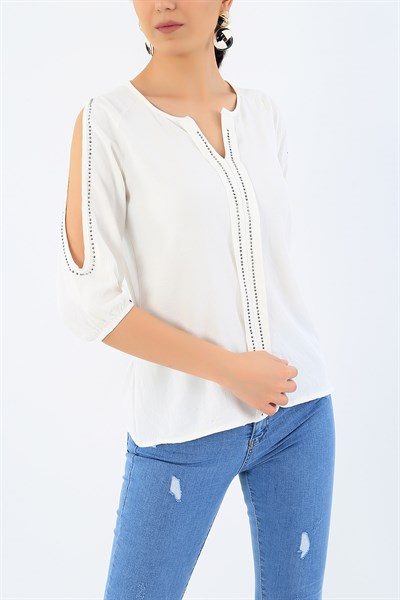 Taş İşlemeli Krem Likralı Bluz 32916