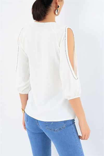 Taş İşlemeli Krem Likralı Bluz 32916