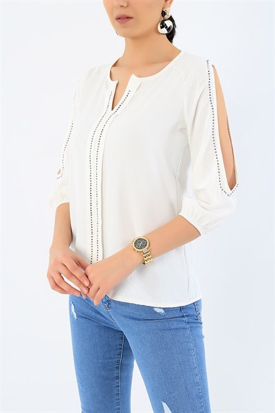 Taş İşlemeli Krem Likralı Bluz 32916