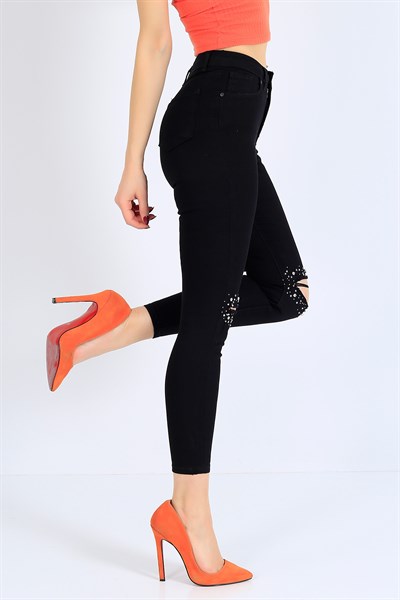 Taş İşlemeli Siyah Bayan Kot Pantolon 25601B