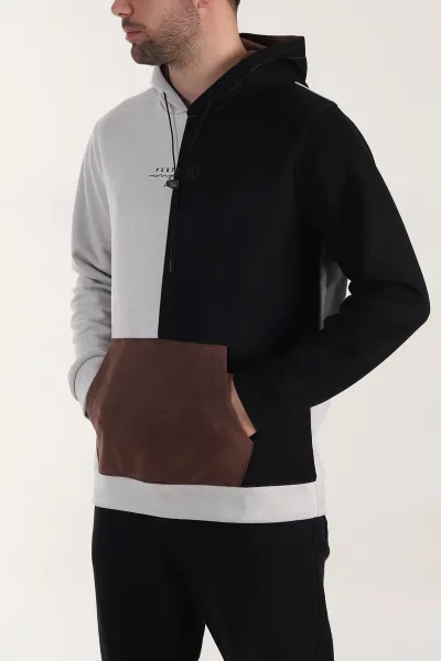 Taş Kahverengi Kapüşonlu Yazı Detaylı Cepli Erkek Sweatshirt 413633