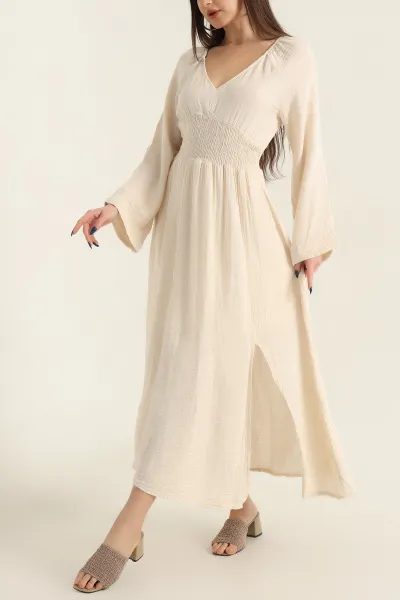 Taş Keten Beli Lastikli Elbise 337022