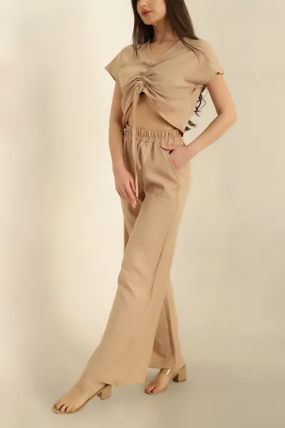 Taş Keten Büzgülü Bluz Pantolon Takım 259938