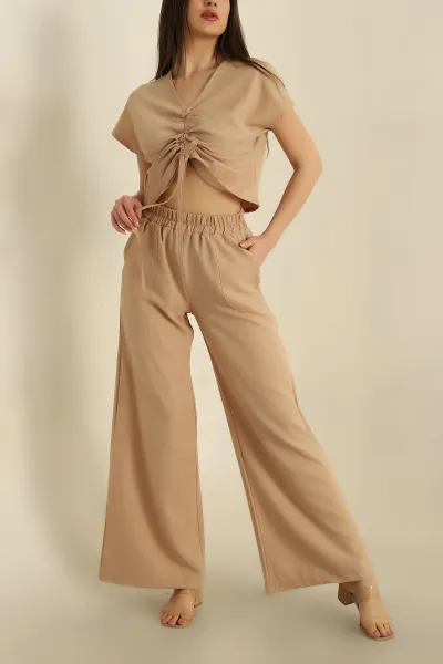 Taş Keten Büzgülü Bluz Pantolon Takım 259938