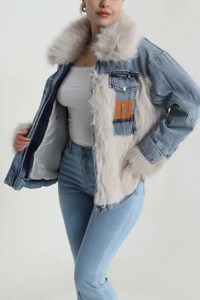Taş Kot Garnili Yakası Çıkma Kürklü Lolita Kadın Mont 488786