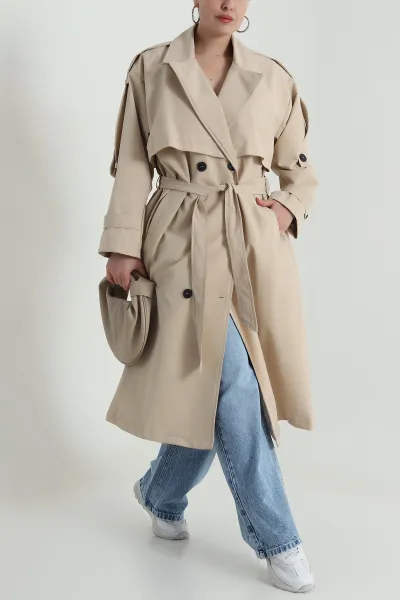 Taş Kruvaze Yaka Cepli Astarlı Kadın Trençkot 487250