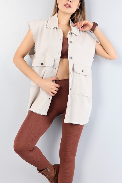 Taş Lazer Kesim Bayan Gabardin Gömlek Yelek 76055