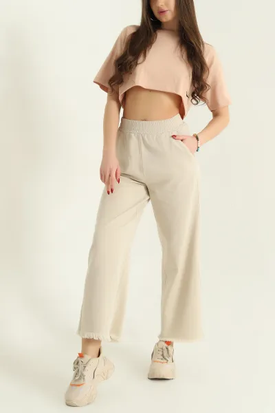 Taş Lazer Kesim Bel Lastikli Bayan Gabardin Pantolon 332718