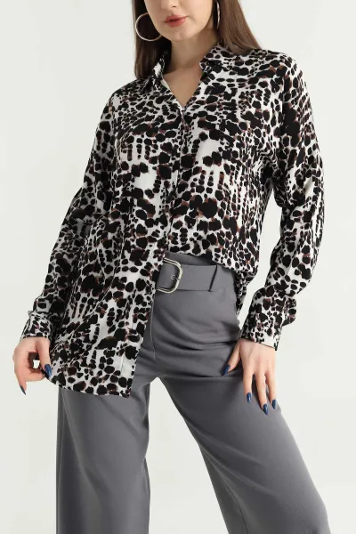 Taş Leopar Desen Dokuma Viskon Gömlek 337834