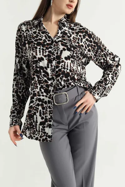 Taş Leopar Desen Dokuma Viskon Gömlek 337834