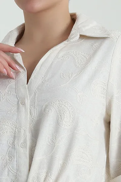 Taş Nakışlı Boydan Düğmeli Keten Kadın Elbise 458393